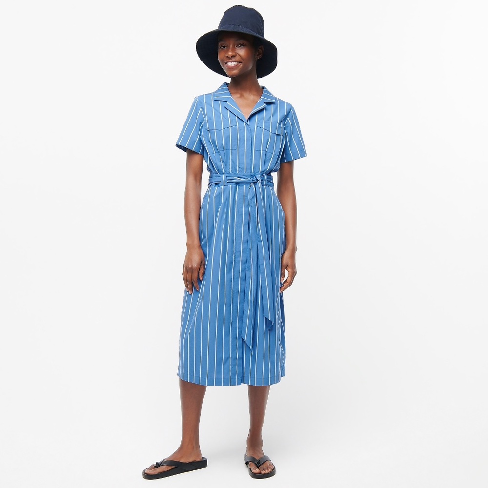 J Crew Patch-pocket Cotton Poplin Shirtdress Stripe Delphinium Blue White